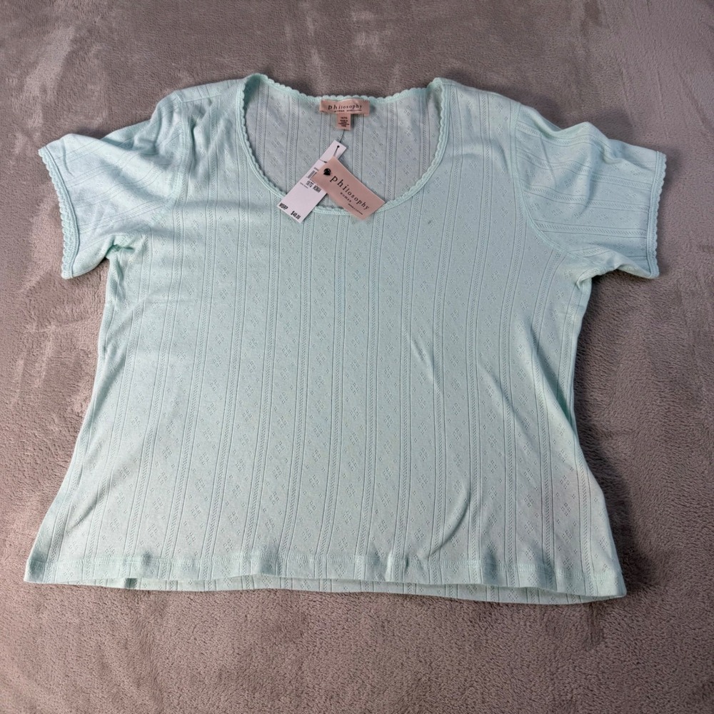 Philosophy Top Pointelle Knit Women 1X Mint Green Cotton Scallop Trim Tee
